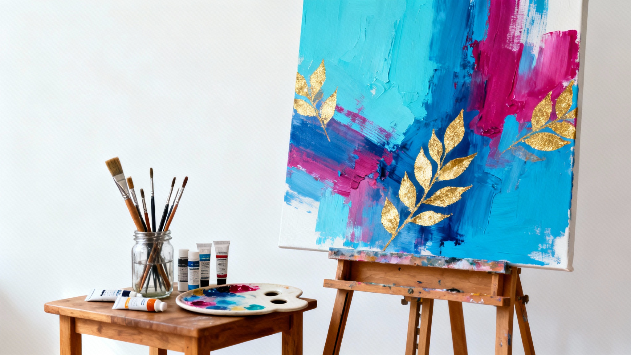 A clean, minimalist artist's studio with a large abstract painting on an easel, featuring vibrant blue and magenta colors, with art supplies neatly arranged nearby on a white background.