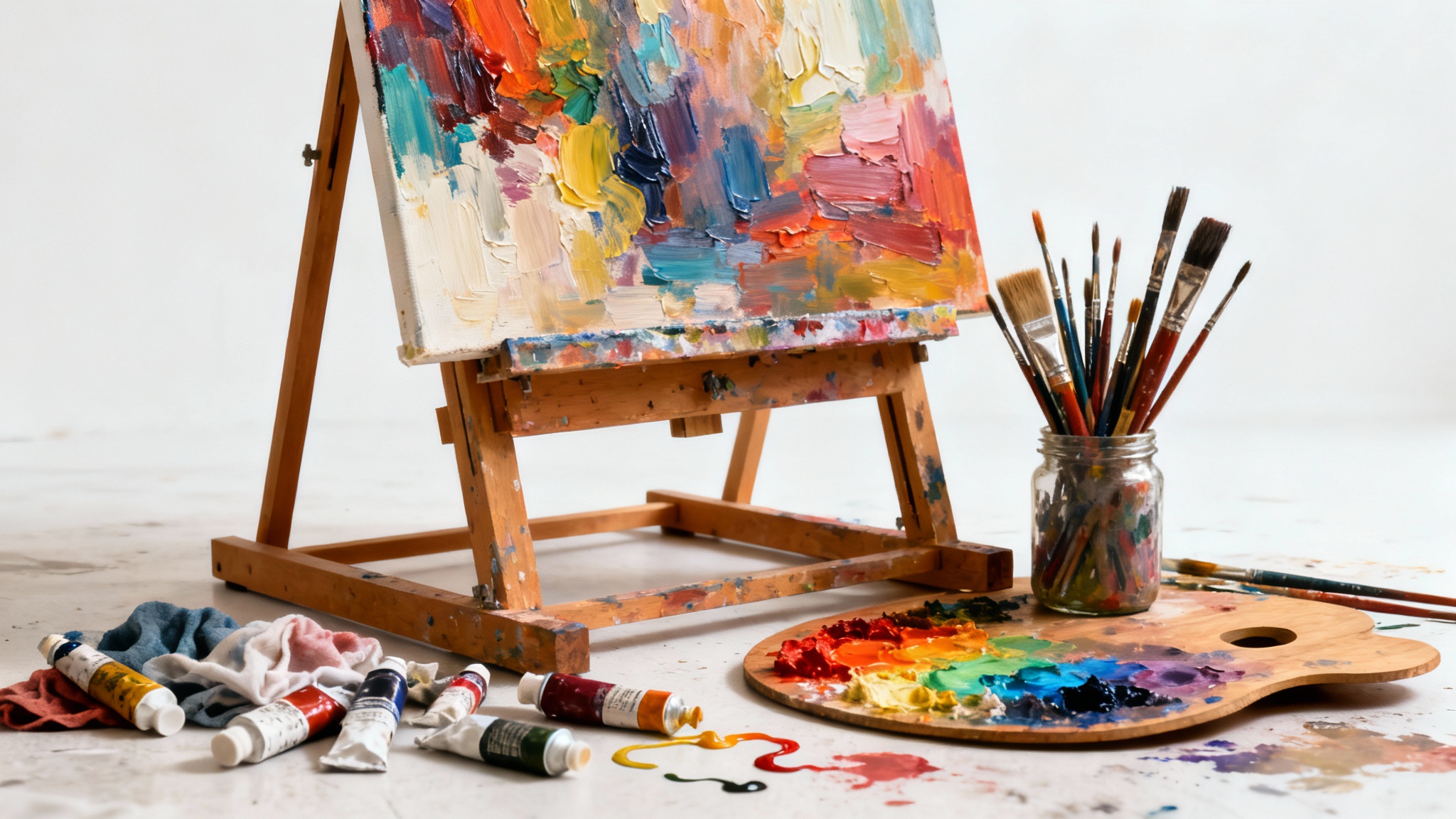 An artist's sunlit studio, with an easel holding an abstract painting, surrounded by brushes, paint tubes, and canvases, all isolated on a clean white background.