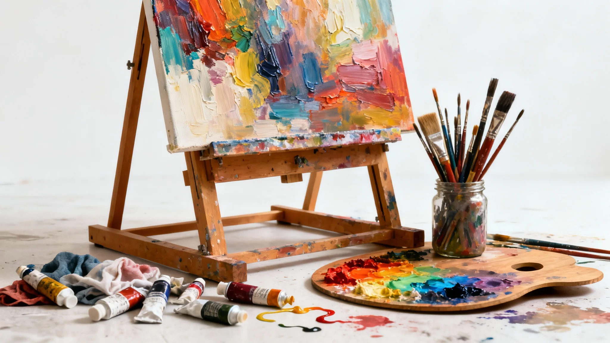 An artist's sunlit studio, with an easel holding an abstract painting, surrounded by brushes, paint tubes, and canvases, all isolated on a clean white background.