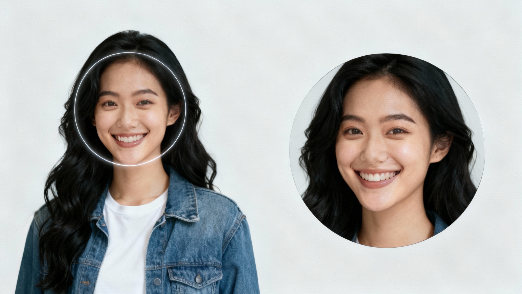 A hero image demonstrating a profile picture cropping tool, showing a photo of a smiling woman with a crop circle on her face, and the resulting circular profile picture next to it.