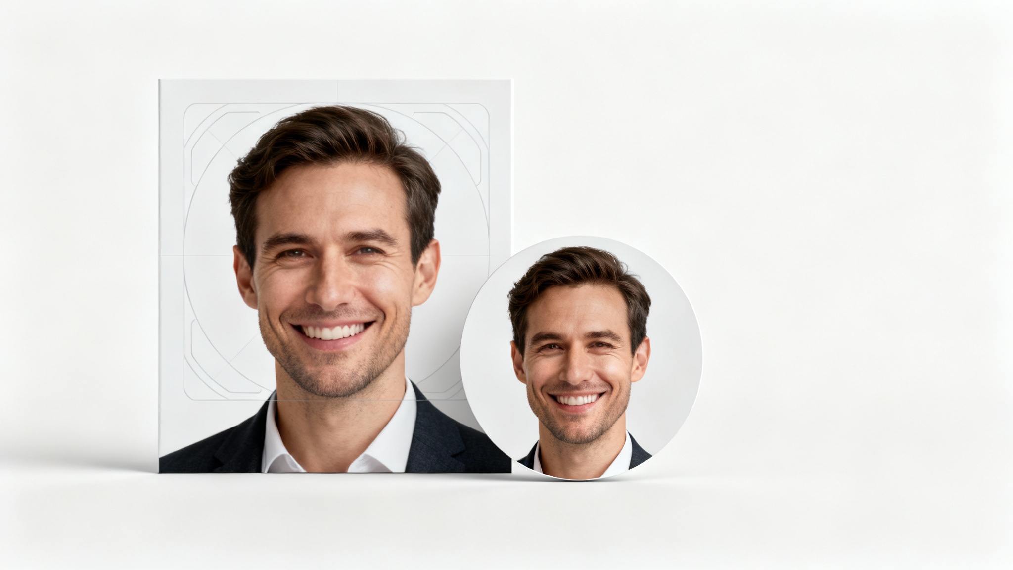 A mockup demonstrating how to crop a profile picture, showing an original rectangular headshot of a man next to a perfectly circular, cropped version of his face.