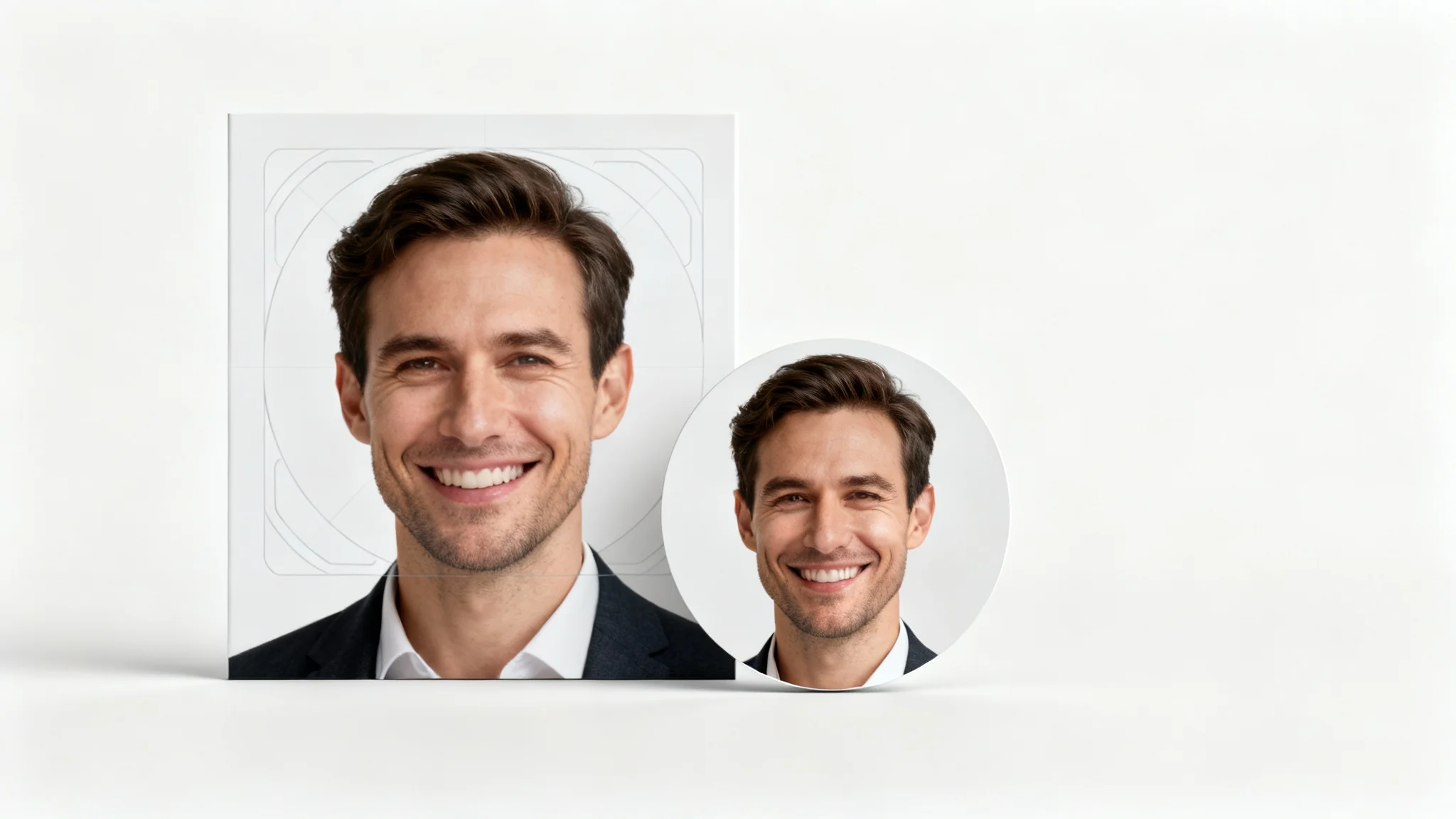 A mockup demonstrating how to crop a profile picture, showing an original rectangular headshot of a man next to a perfectly circular, cropped version of his face.