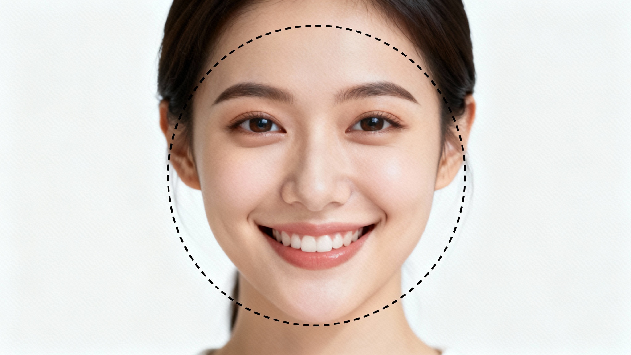 A close-up photo of a smiling woman's face with a circular cropping guide around it, illustrating the process of cropping a profile picture.