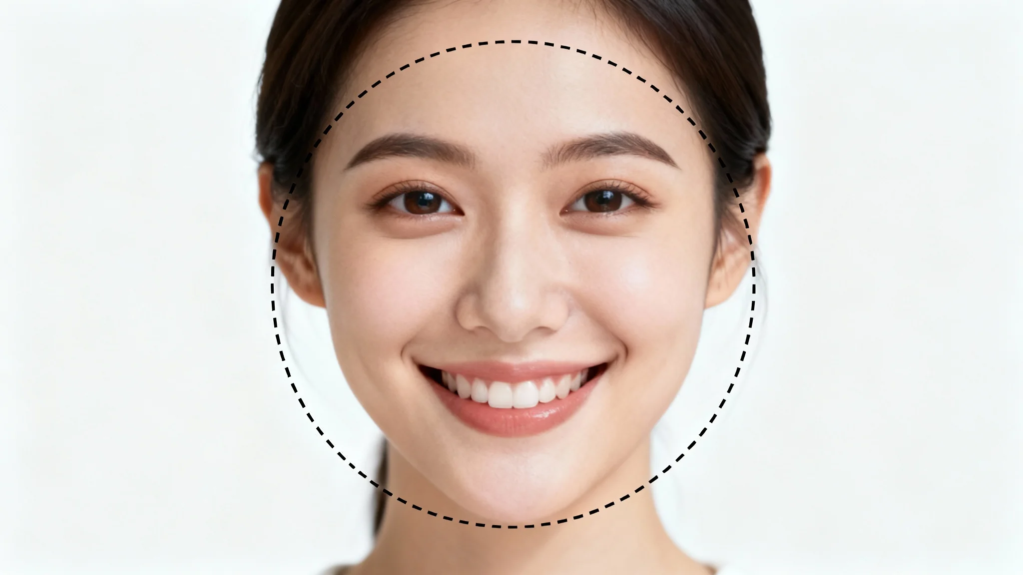 A close-up photo of a smiling woman's face with a circular cropping guide around it, illustrating the process of cropping a profile picture.