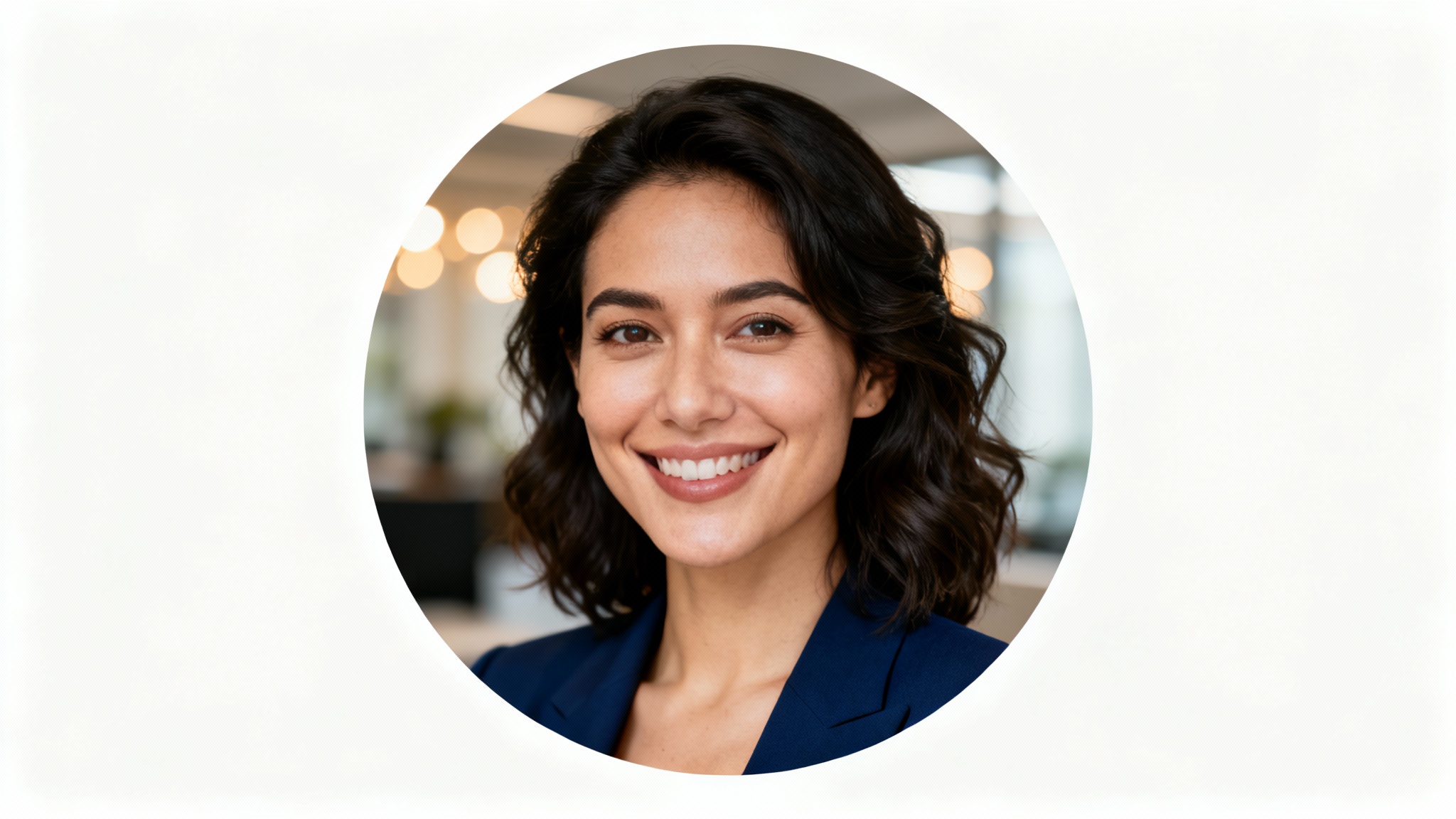 A perfectly cropped circular profile picture of a professional woman smiling, set against a plain white background.