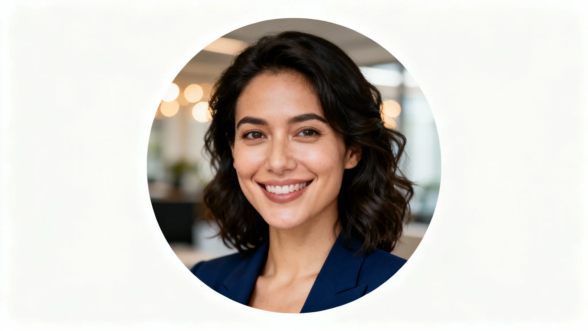 A perfectly cropped circular profile picture of a professional woman smiling, set against a plain white background.