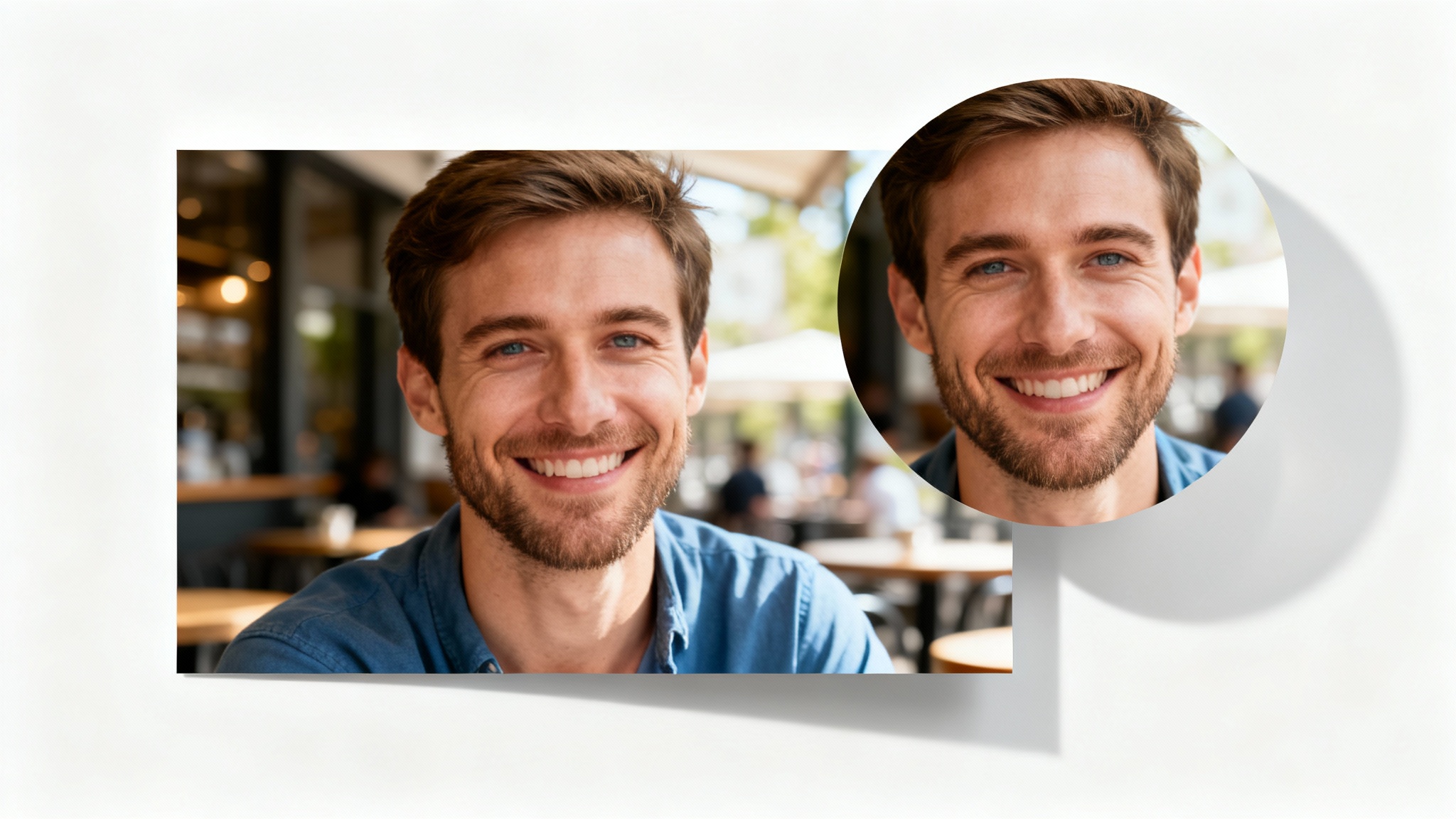 A visual metaphor for cropping a profile picture, showing a large rectangular photo of a man and a smaller circular crop focusing on his face, on a white background.