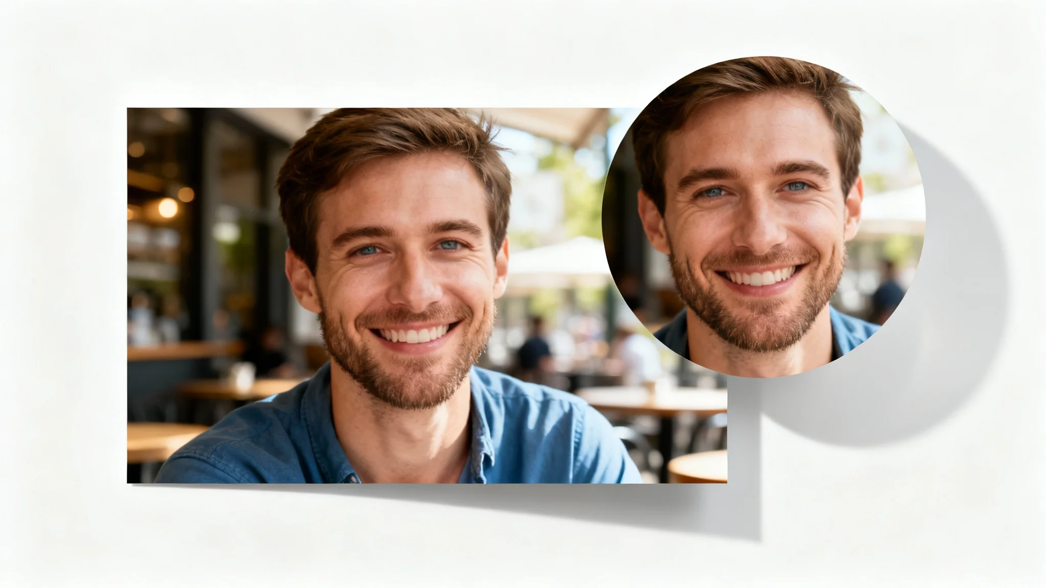 A visual metaphor for cropping a profile picture, showing a large rectangular photo of a man and a smaller circular crop focusing on his face, on a white background.