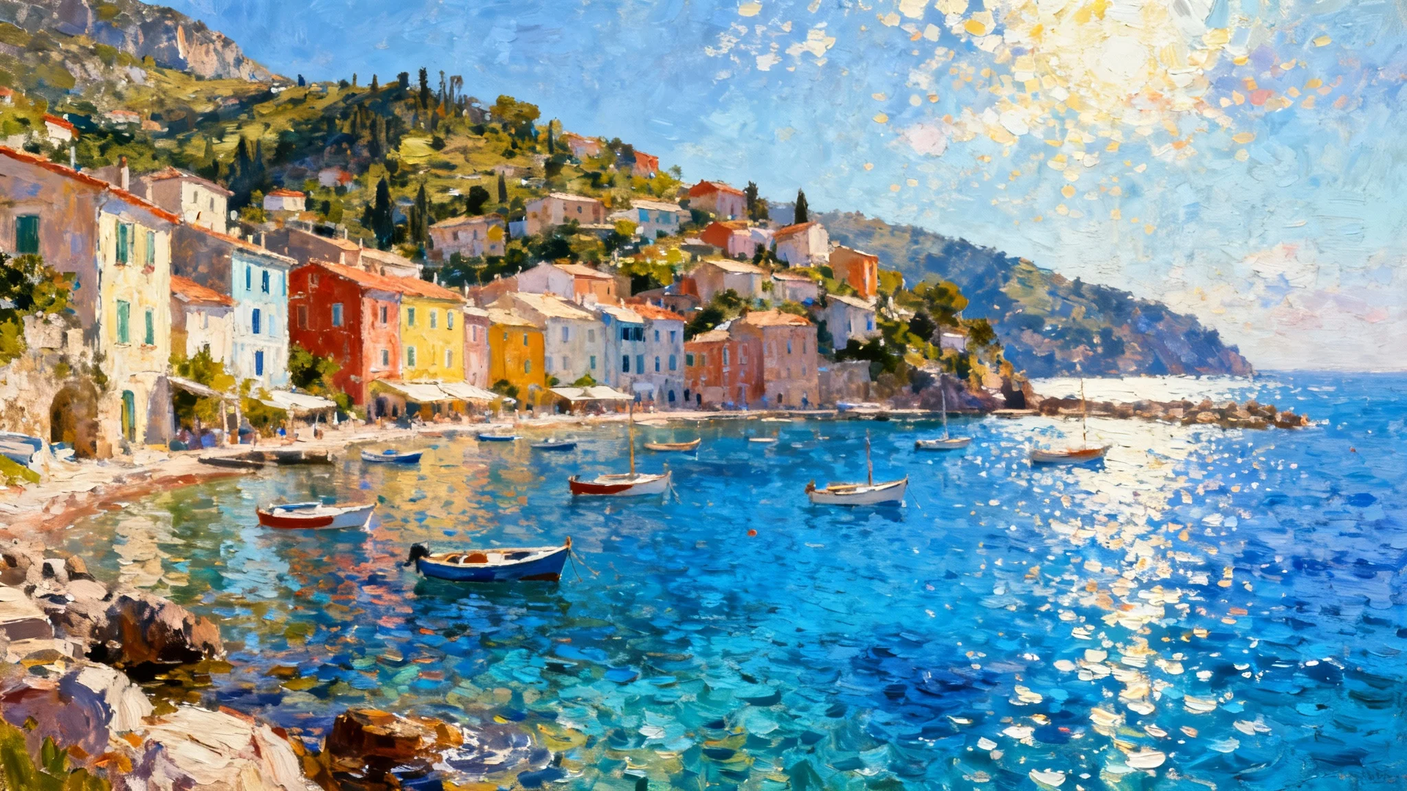 A vibrant digital painting in the Impressionist style depicting a sunny Mediterranean coastal village, created from a photograph. Visible brushstrokes and dappled light effects are prominent on the colorful houses and water.
