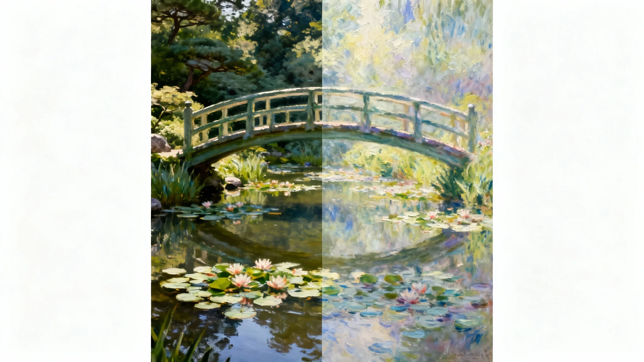 A split image demonstrating a photo of a serene garden with a pond and bridge being transformed into a beautiful Impressionist-style painting.