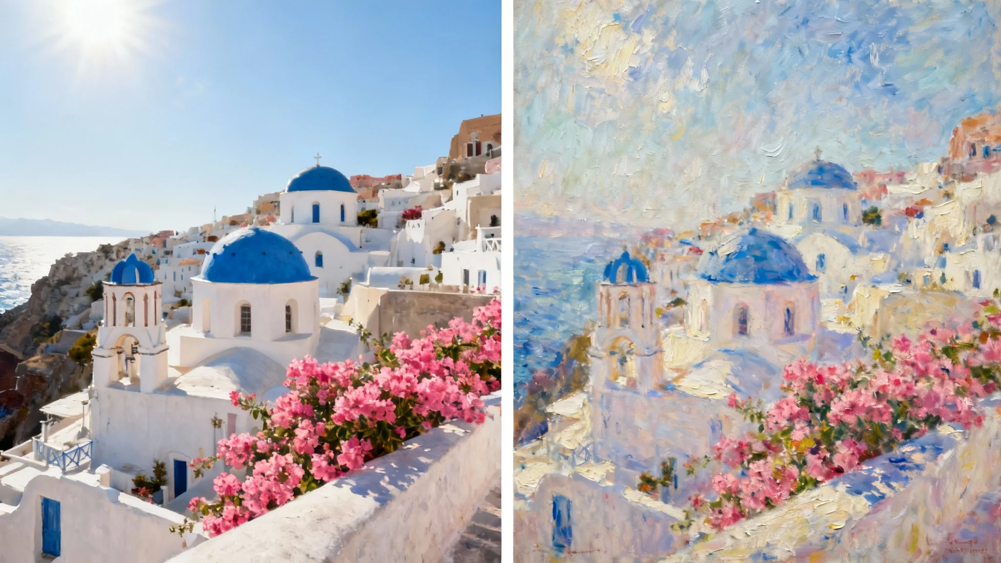 A side-by-side comparison showing a photo of a Greek village on the left and the same image transformed into a vibrant Impressionist painting on the right, highlighting the artistic effect.