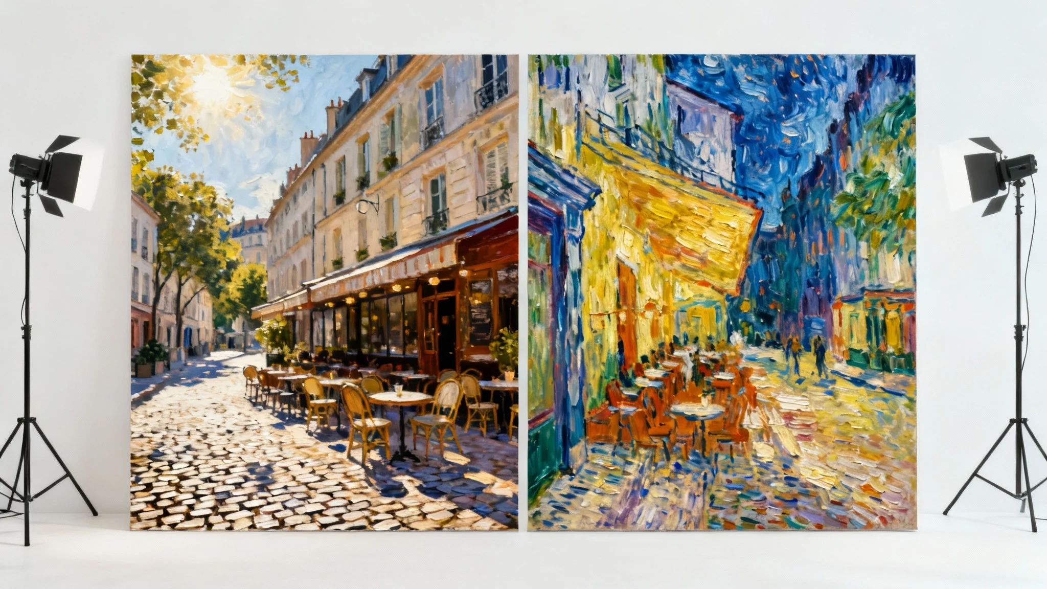 A split-image demonstrating a photo being turned into a painting. The left side is a realistic photo of a street cafe, and the right side is the same scene as a colorful impressionist painting.