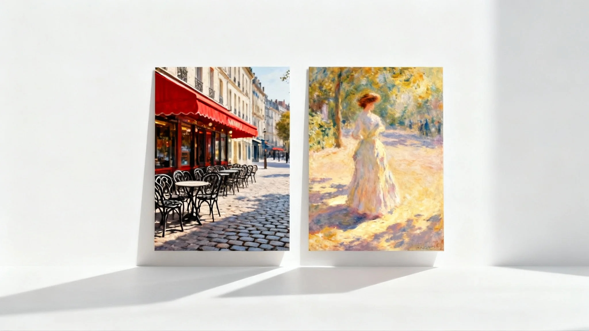 A before-and-after image mockup showing a photograph of a city cafe on the left, and the same image transformed into an Impressionist-style painting on the right, set against a white background.