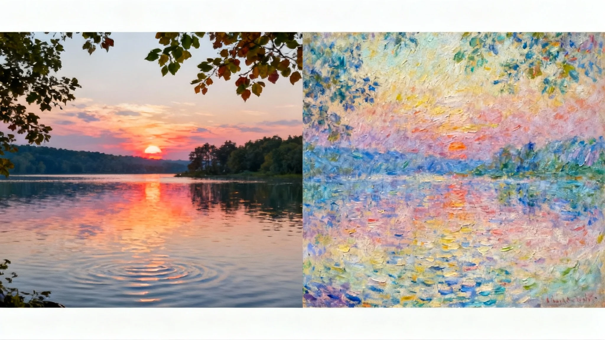 A side-by-side comparison showing a scene's transformation: the left side is a realistic photograph of a lake at sunset, and the right side is the same scene rendered as an Impressionist painting.