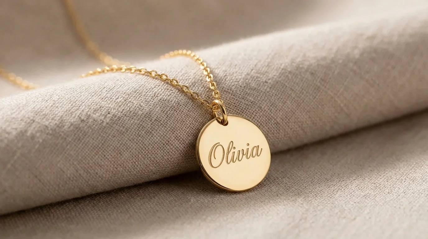A close-up photograph of a personalized gold necklace resting on a soft, neutral surface. The delicate gold chain has a round pendant engraved with the name 'Olivia' in cursive.