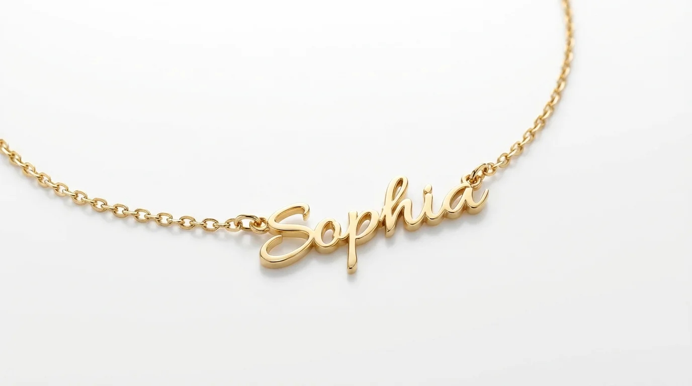 A close-up photograph of an elegant personalized gold necklace with the name 'Sophia' in script, resting on a clean white background.