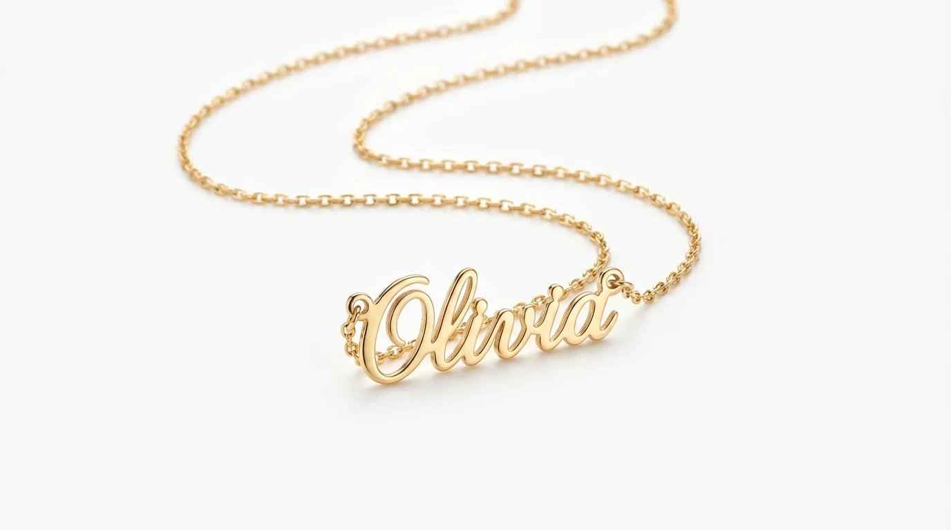 A photorealistic mockup of a personalized 14k gold necklace with a pendant spelling the name 'Olivia' in an elegant cursive font, resting on a pure white background.