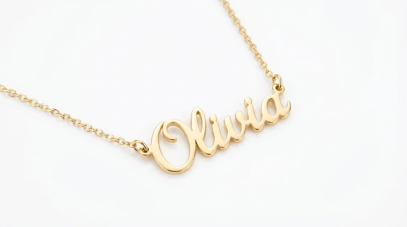 A close-up of an elegant, personalized gold necklace with the name 'Olivia' in script, resting on a clean white surface.
