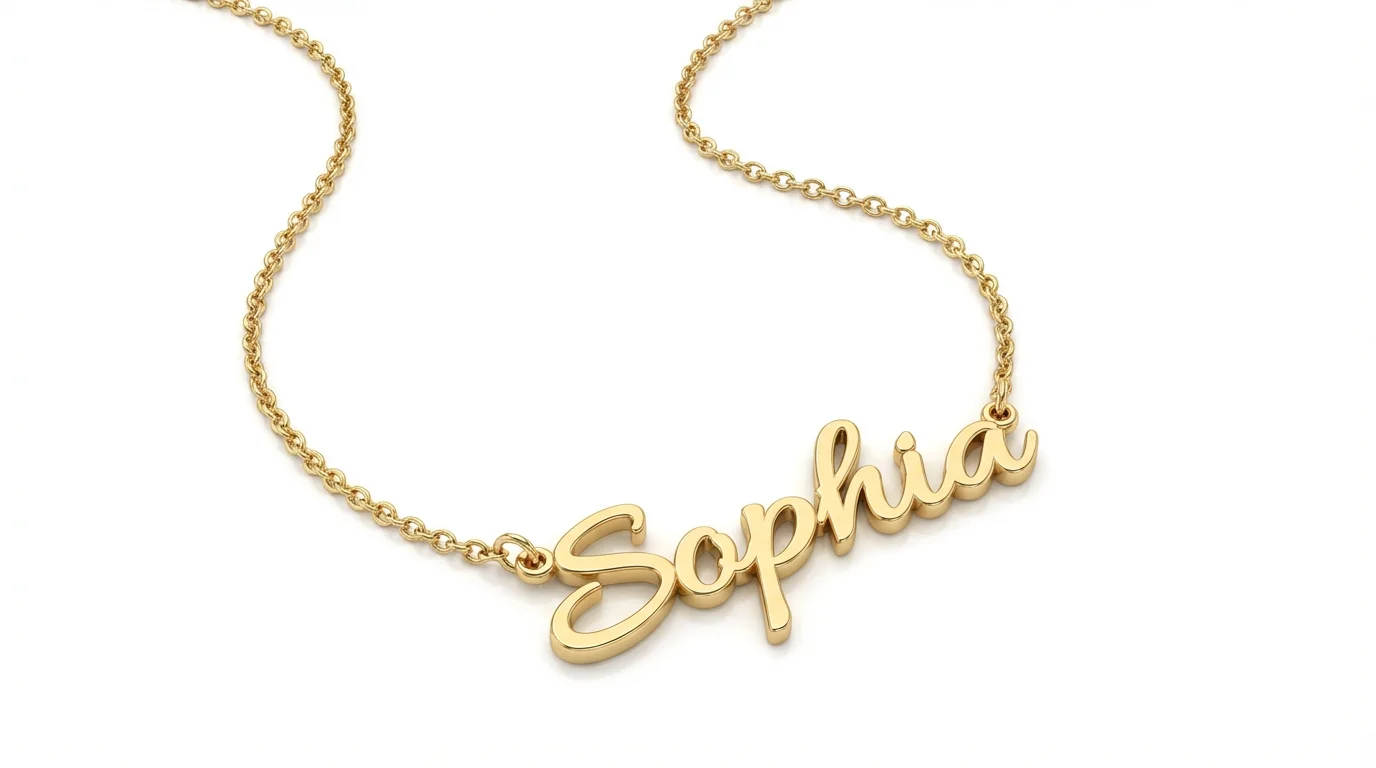 A photorealistic image of a beautiful, personalized 18k gold necklace with the name 'Sophia' in script, resting on a clean white background.