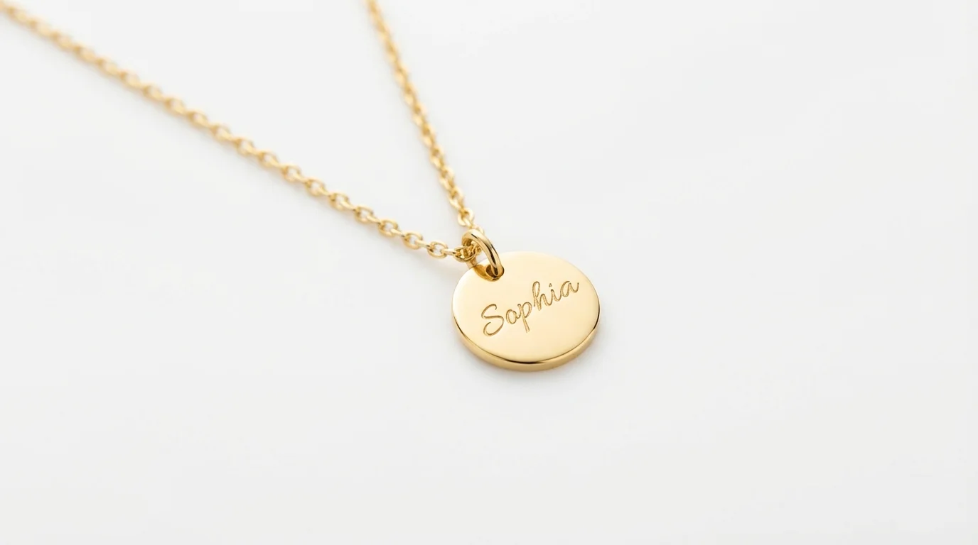 An elegant personalized gold necklace with the name 'Sophia' engraved on a round pendant, displayed on a clean white background.