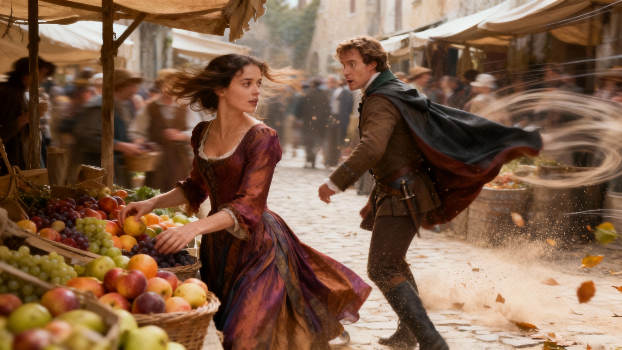 A cinematic frame from a video created from a still image. The scene is a historical drama in a bustling marketplace, with a woman reaching for fruit and a man turning in surprise. Motion blur on their hair, cape, and dress, along with blurred background movement, demonstrates the animation effect.