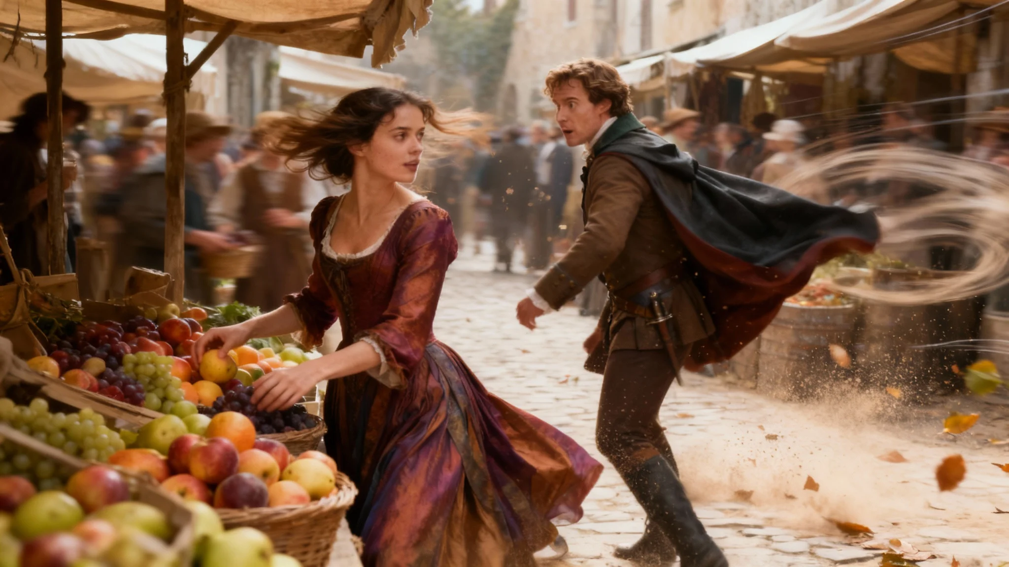 A cinematic frame from a video created from a still image. The scene is a historical drama in a bustling marketplace, with a woman reaching for fruit and a man turning in surprise. Motion blur on their hair, cape, and dress, along with blurred background movement, demonstrates the animation effect.
