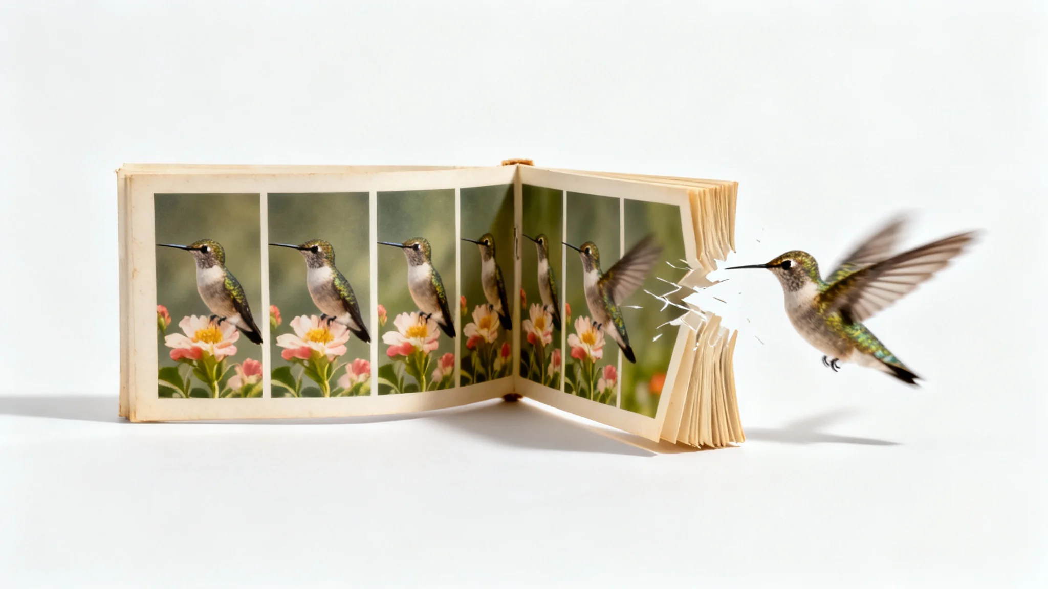 A flipbook illustrating the concept of stills to video, with static images of a hummingbird on the left pages transitioning into a dynamic, motion-blurred bird flying off the right page.