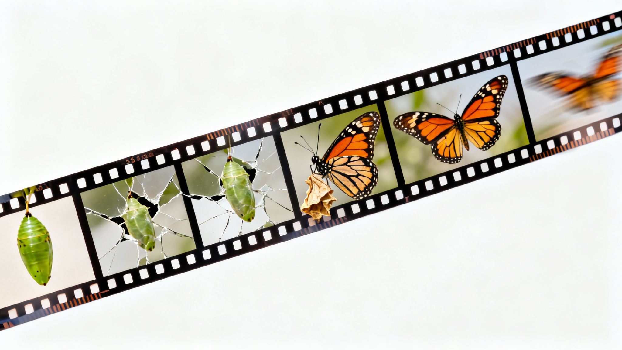 A film strip on a white background showing the sequence of a butterfly emerging from its chrysalis, with the end of the strip blurring to represent motion, symbolizing the creation of video from still images.