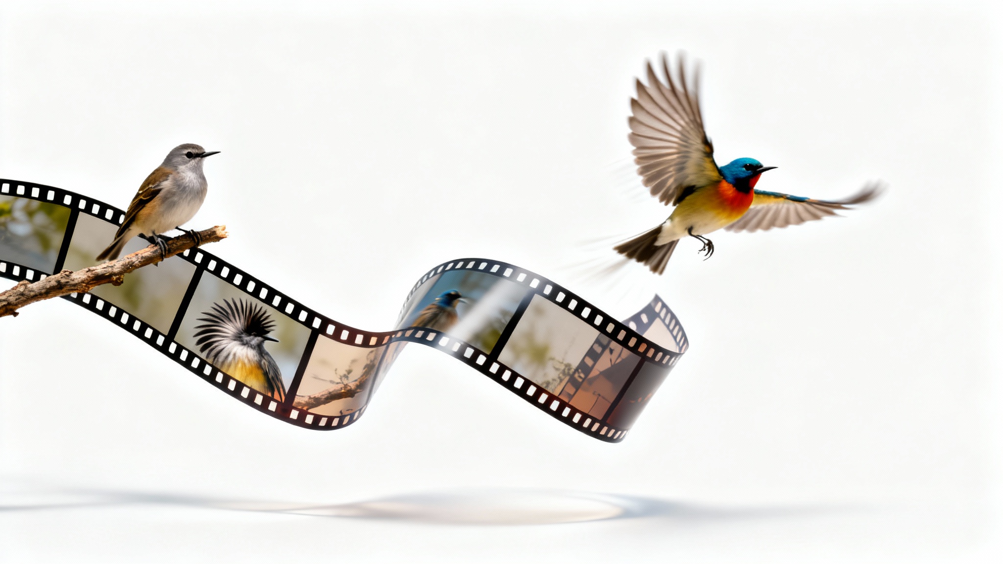 A visual metaphor for converting stills to video, featuring a filmstrip whose individual frames of a bird on a branch merge into a single dynamic image of the bird in mid-flight.