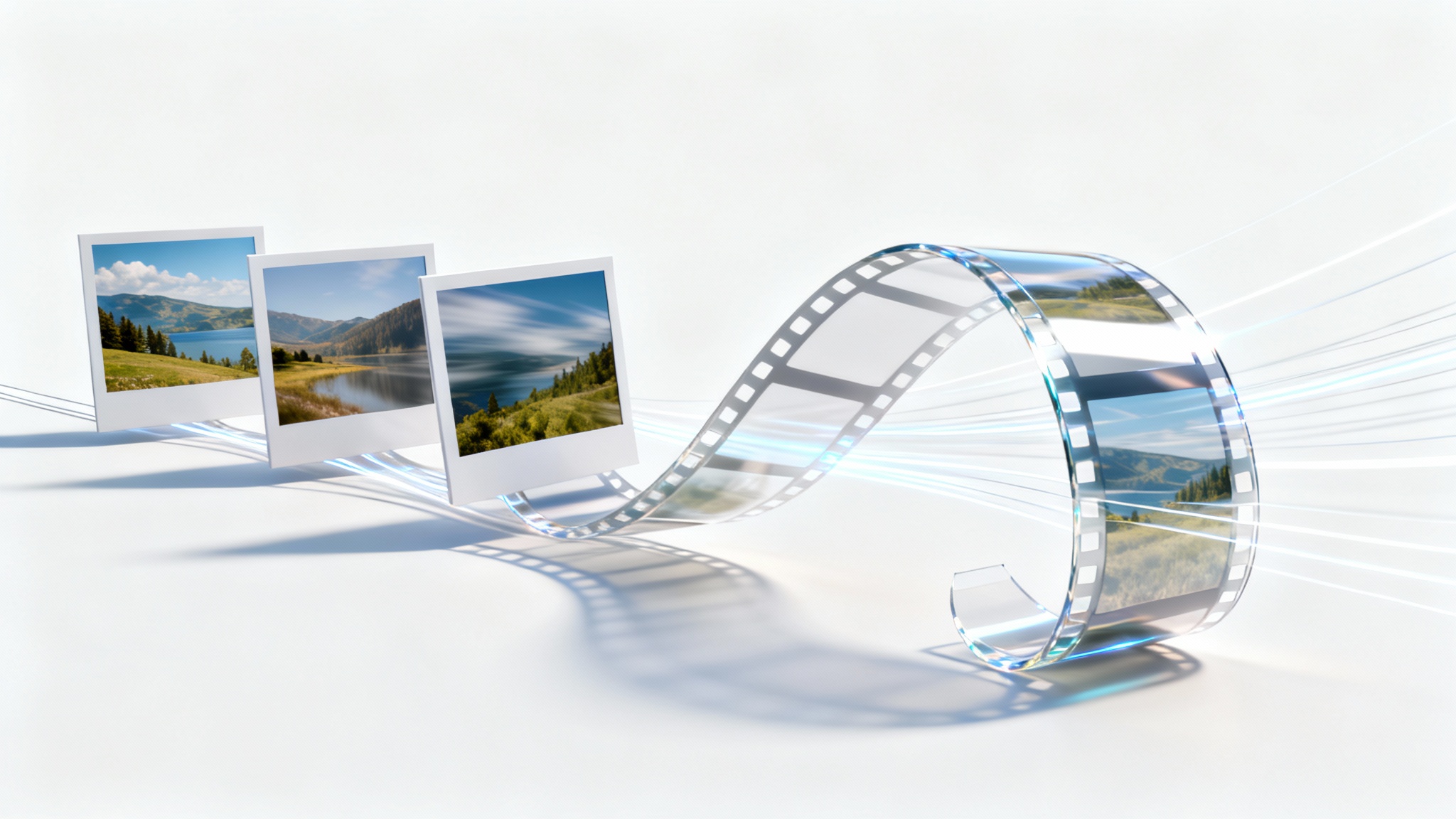 A conceptual image showing a series of still photographs transforming into a flowing film strip, representing the process of converting stills to video.