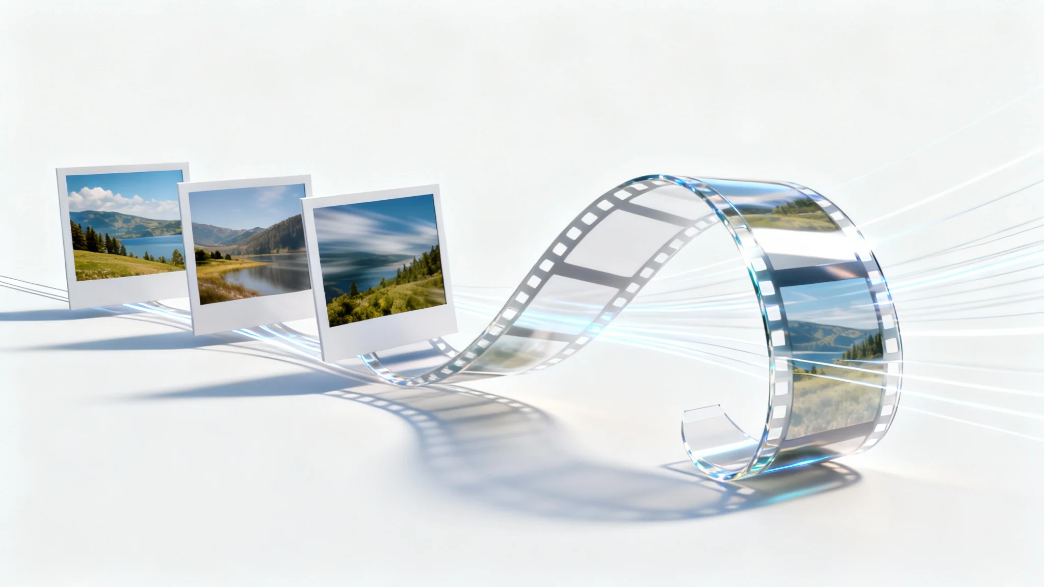 A conceptual image showing a series of still photographs transforming into a flowing film strip, representing the process of converting stills to video.