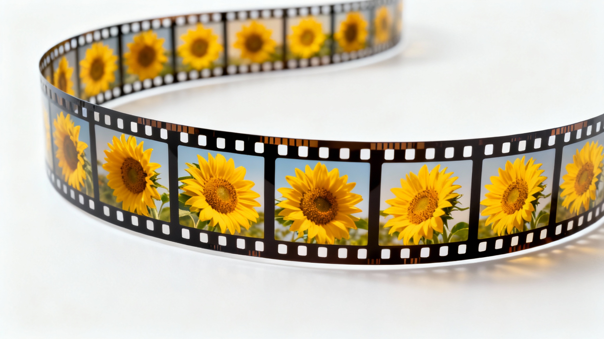 A visual representation of stills being turned into video, shown as a filmstrip with sequential photos of a sunflower turning its head.