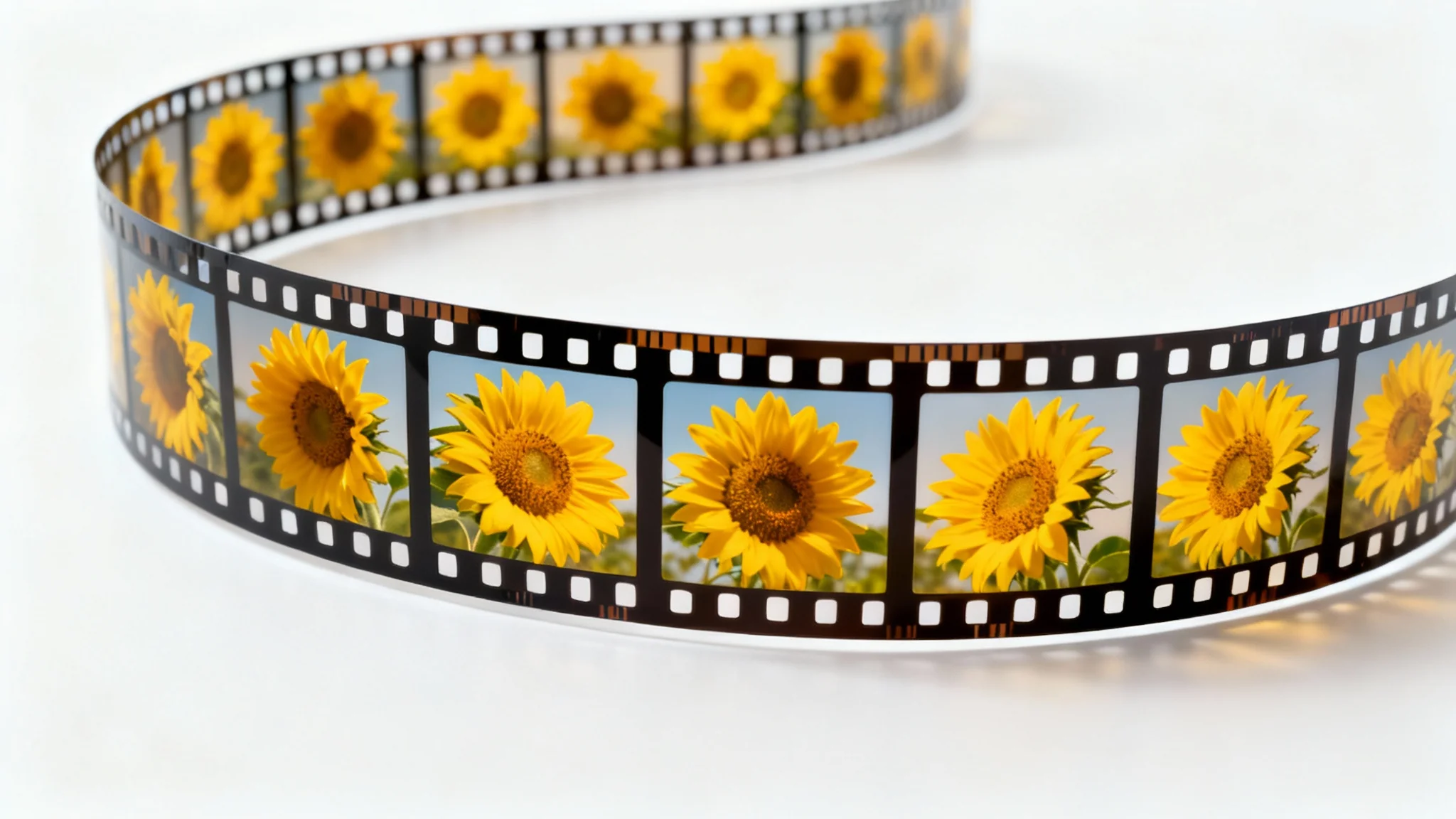 A visual representation of stills being turned into video, shown as a filmstrip with sequential photos of a sunflower turning its head.