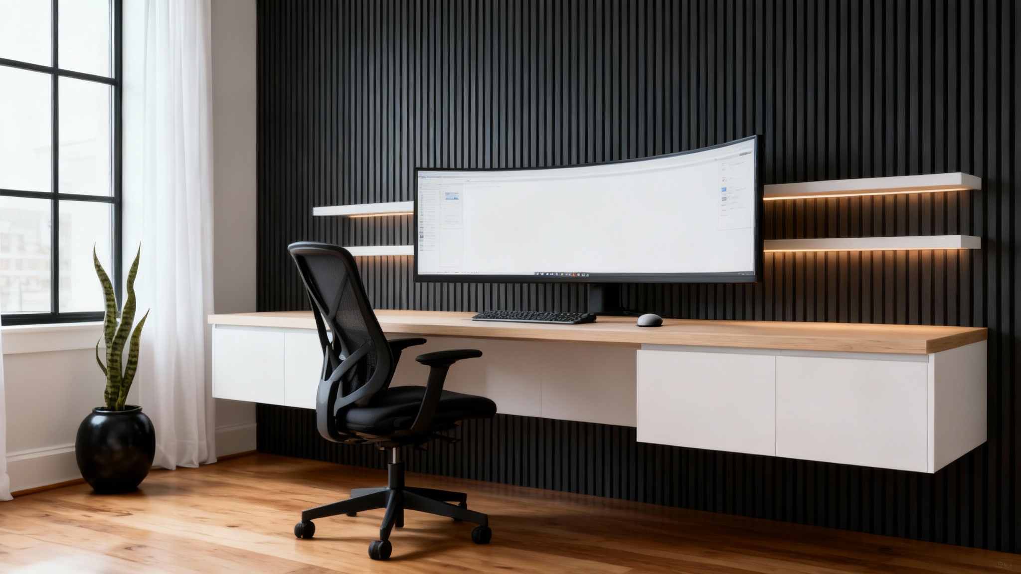 An ultra-modern, professionally designed home office featuring a charcoal slat wood accent wall, a floating light oak desk with a large curved monitor, and a high-end black ergonomic chair, representing the final result of a design tool.