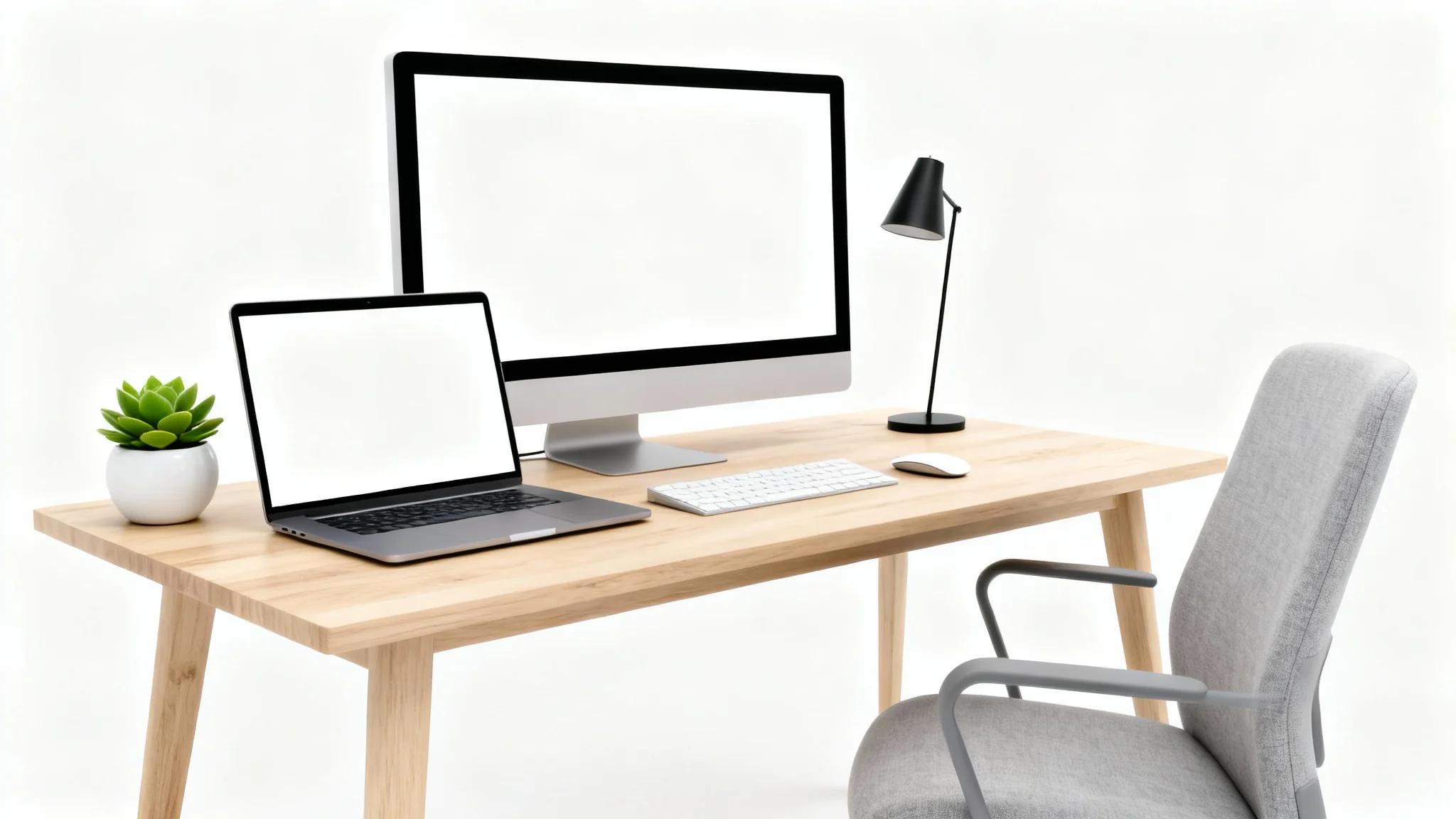 A minimalist home office design featuring a light wooden desk, an ergonomic gray chair, a laptop and monitor, and a small plant, all isolated on a white background.