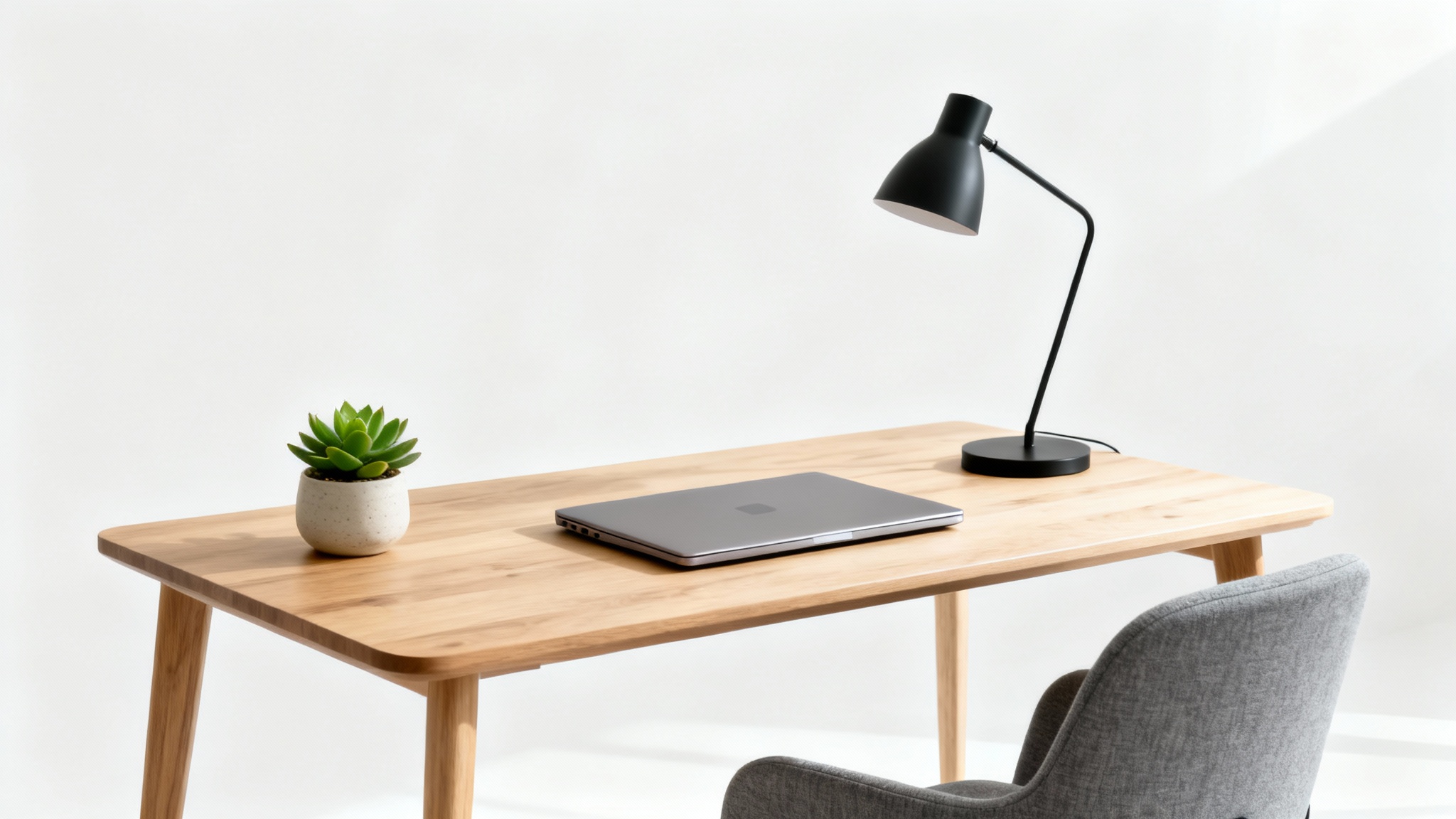 A photorealistic mockup of a modern, minimalist home office setup featuring a light wood desk, a gray ergonomic chair, a laptop, and a succulent, all set against a clean white background.