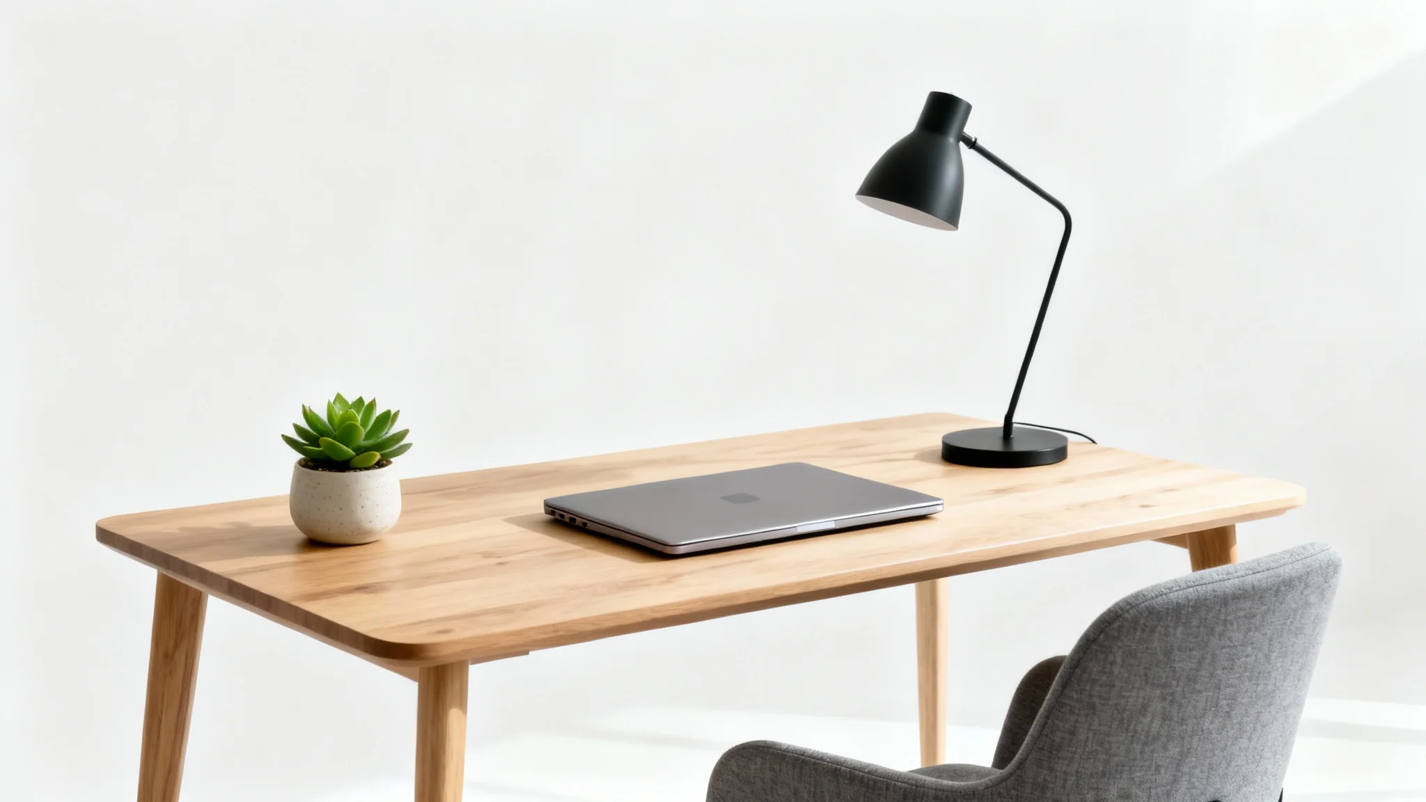 A photorealistic mockup of a modern, minimalist home office setup featuring a light wood desk, a gray ergonomic chair, a laptop, and a succulent, all set against a clean white background.