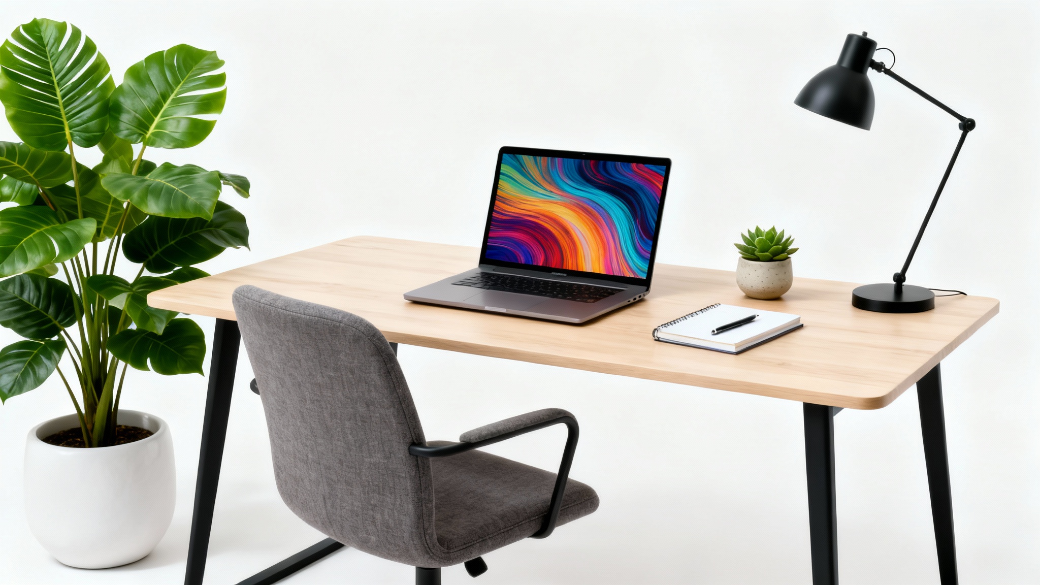 A modern and clean home office design featuring a light wood desk, an ergonomic gray chair, a laptop, and a large green plant, all set against a pure white background.