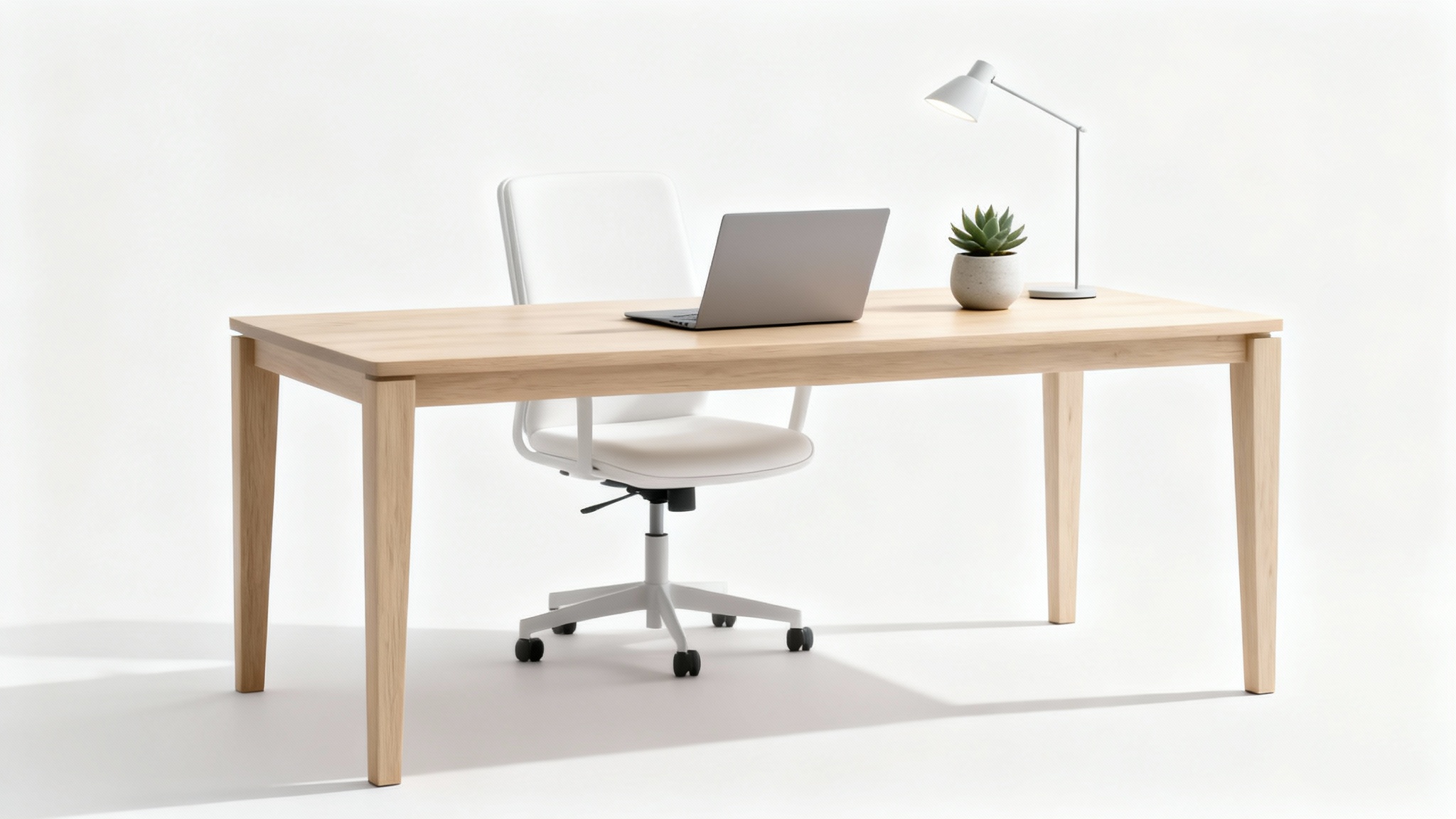 A minimalist home office setup with a wooden desk, a white ergonomic chair, a laptop, a plant, and a lamp, all displayed against a clean white background.