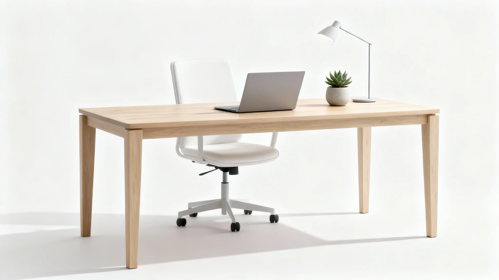 A minimalist home office setup with a wooden desk, a white ergonomic chair, a laptop, a plant, and a lamp, all displayed against a clean white background.