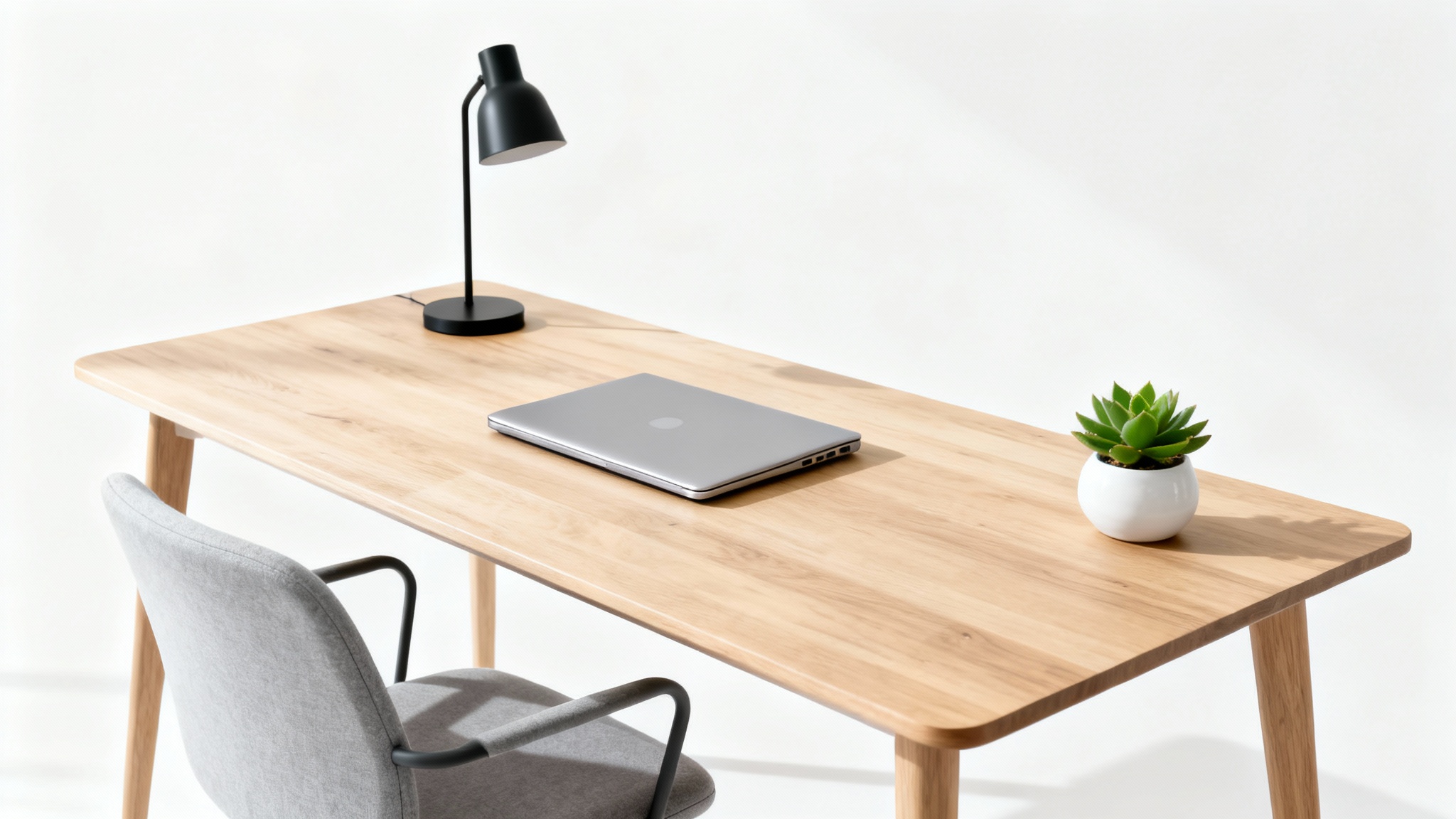 A modern Scandinavian-style home office setup featuring a light wood desk, a laptop, a plant, and a gray ergonomic chair, presented as a clean mockup against a plain white background.