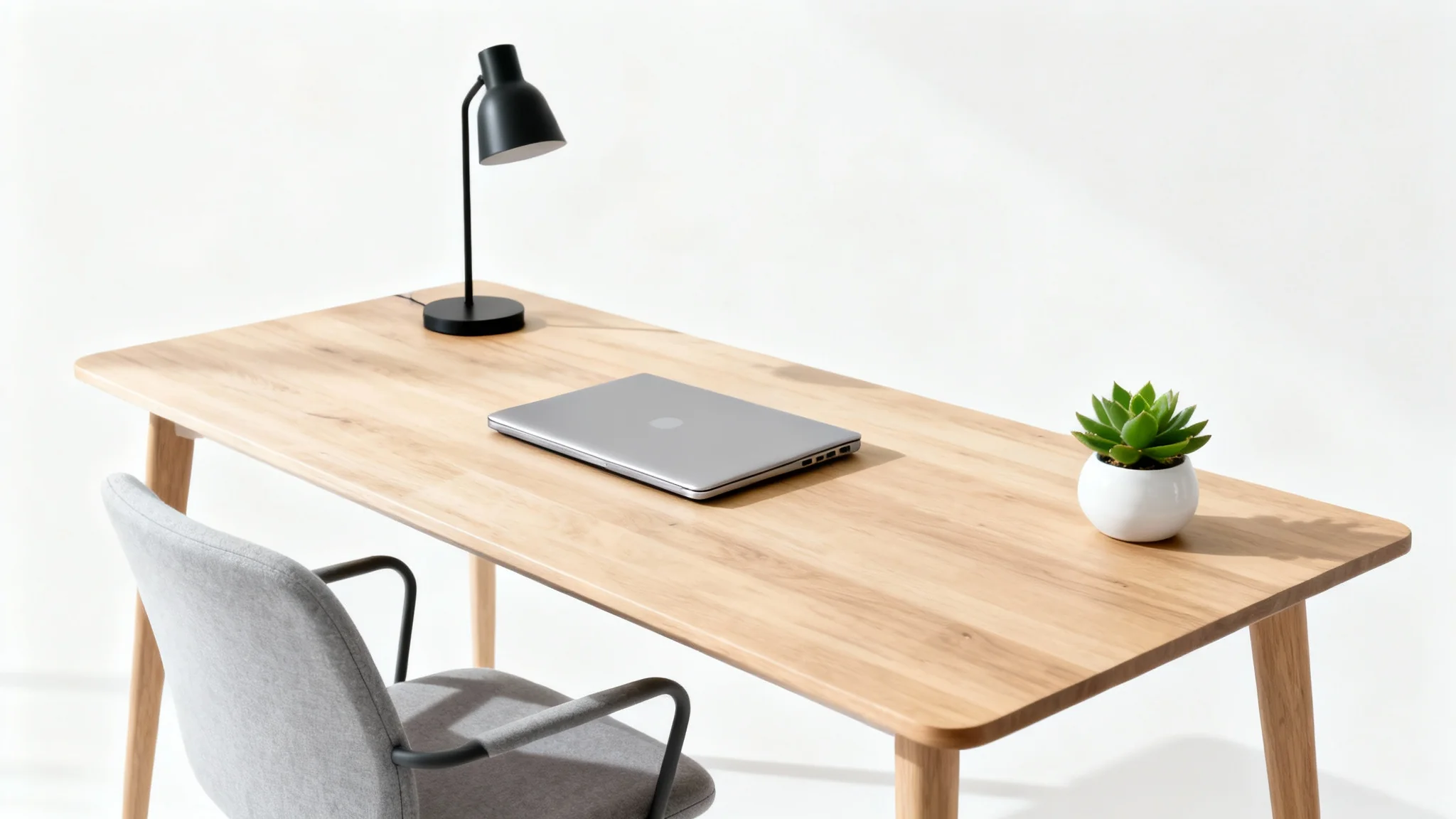 A modern Scandinavian-style home office setup featuring a light wood desk, a laptop, a plant, and a gray ergonomic chair, presented as a clean mockup against a plain white background.