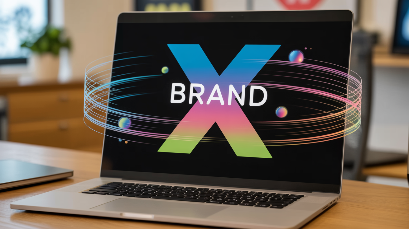 A professional animation of a colorful, modern logo for 'BRAND X', shown with dynamic light trails and glowing effects against a dark background to showcase its movement.