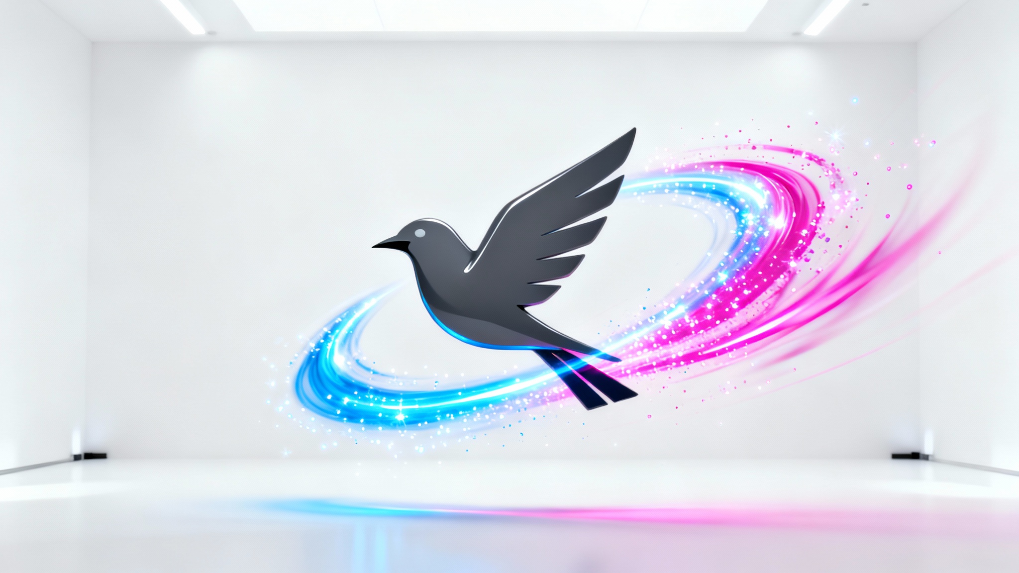 A minimalist, dark grey geometric bird logo is shown mid-animation, with vibrant blue and magenta light trails swirling around it against a clean white background.