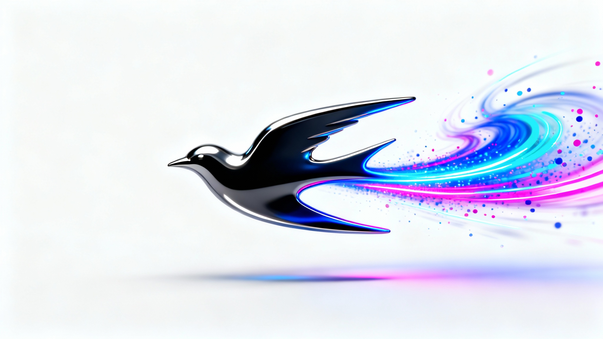 A modern, stylized bird logo in dark chrome, shown in dynamic motion against a white background, leaving a vibrant trail of blue and magenta light particles to illustrate the concept of logo animation.