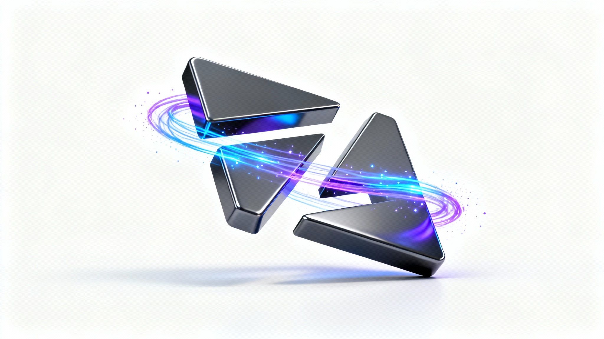 A sleek, metallic 3D logo shown in mid-animation, with its parts floating and connected by trails of glowing blue and purple light, symbolizing logo animation.
