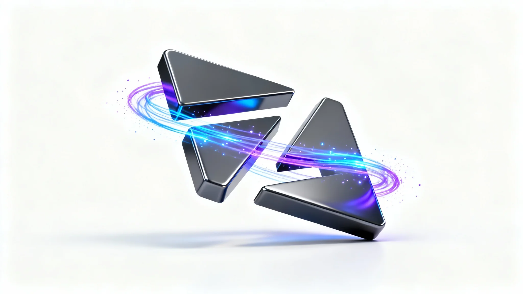 A sleek, metallic 3D logo shown in mid-animation, with its parts floating and connected by trails of glowing blue and purple light, symbolizing logo animation.