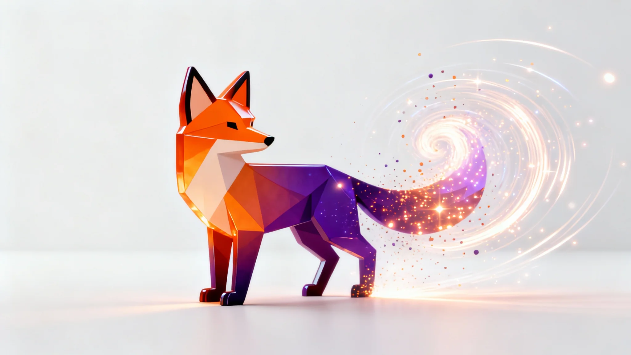 A mockup illustrating logo animation, featuring a modern, geometric fox logo in an orange and violet gradient. The logo is shown mid-animation, dissolving into light particles and motion trails against a clean white background.