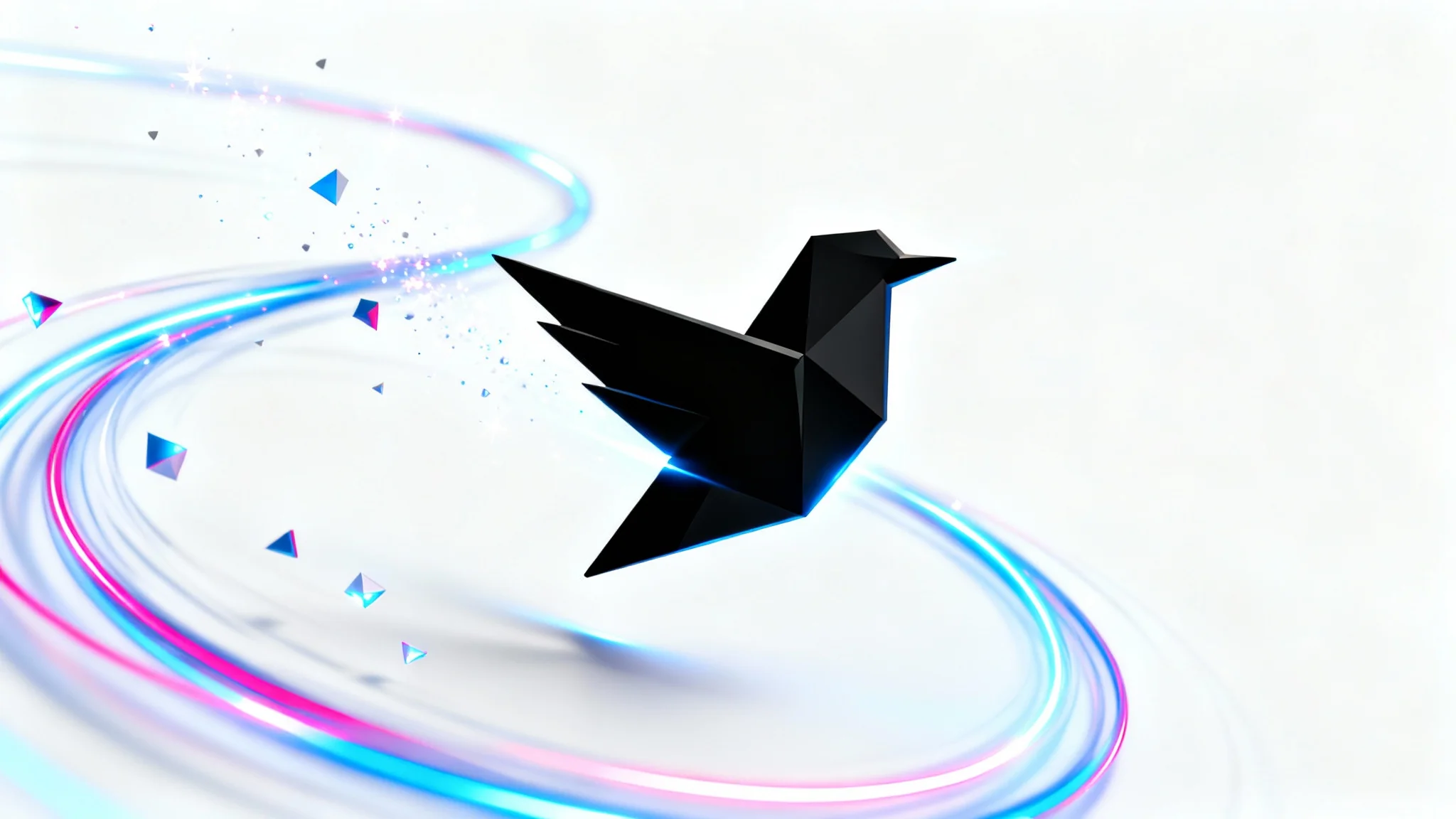A conceptual image of a black geometric bird logo being animated, with vibrant blue and magenta light trails and particles swirling around it on a white background, representing logo animation.