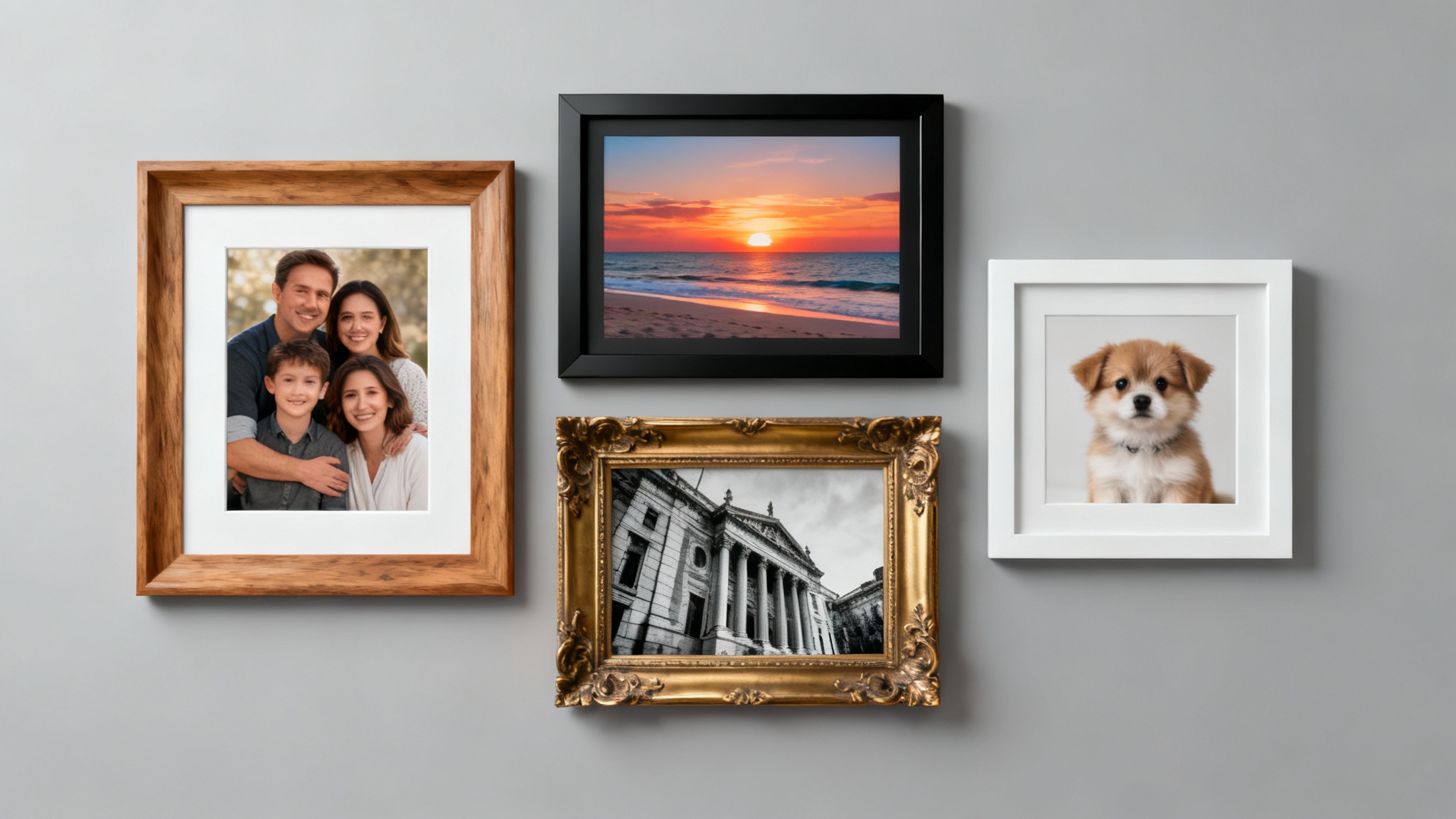 A digital gallery wall displaying four different photos in various stylish frames against a plain background, demonstrating a photo framing tool's results. Includes a family portrait, a landscape, an architectural shot, and a pet photo.